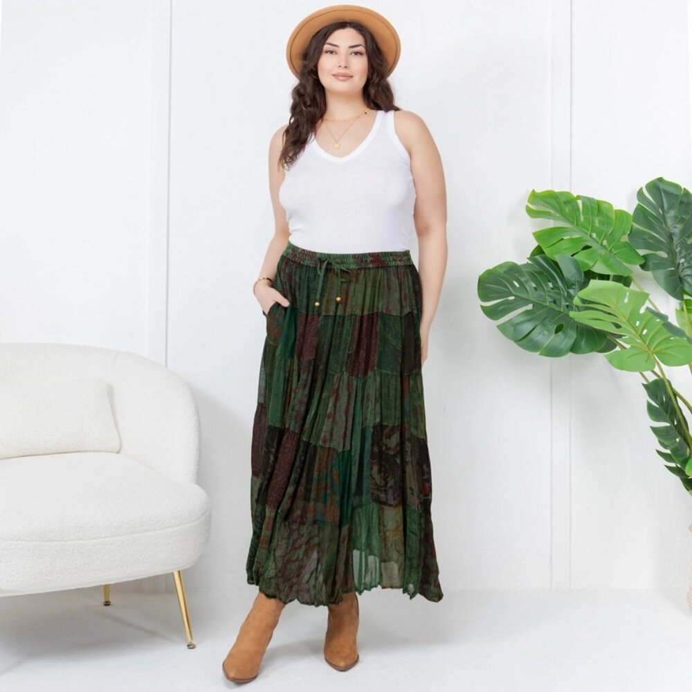 NWT Young Threads Bohemian Patchwork Maxi Skirt Green and Black